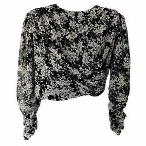 ZARA Womens XS Black White Floral Chiffon Cropped Draped Wrap Blouse Top